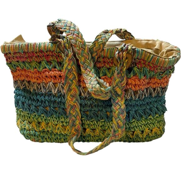 Cappelli Straworld Multicolor Woven Tote Bag with Beaded Charm Beachy Boho Clean - Picture 2 of 11